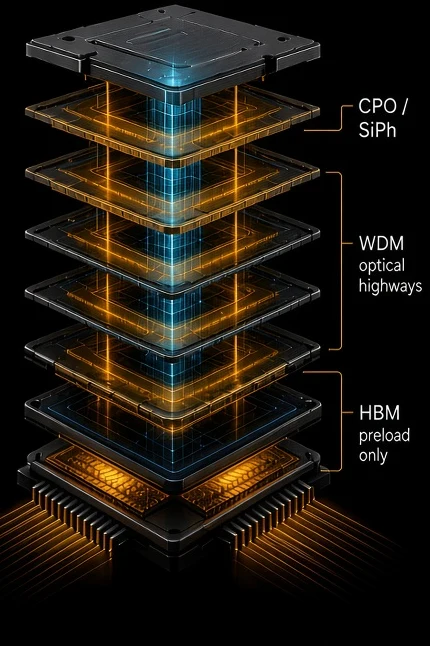 PNN LightStack — ten chiplets stacked in 3D with optical links